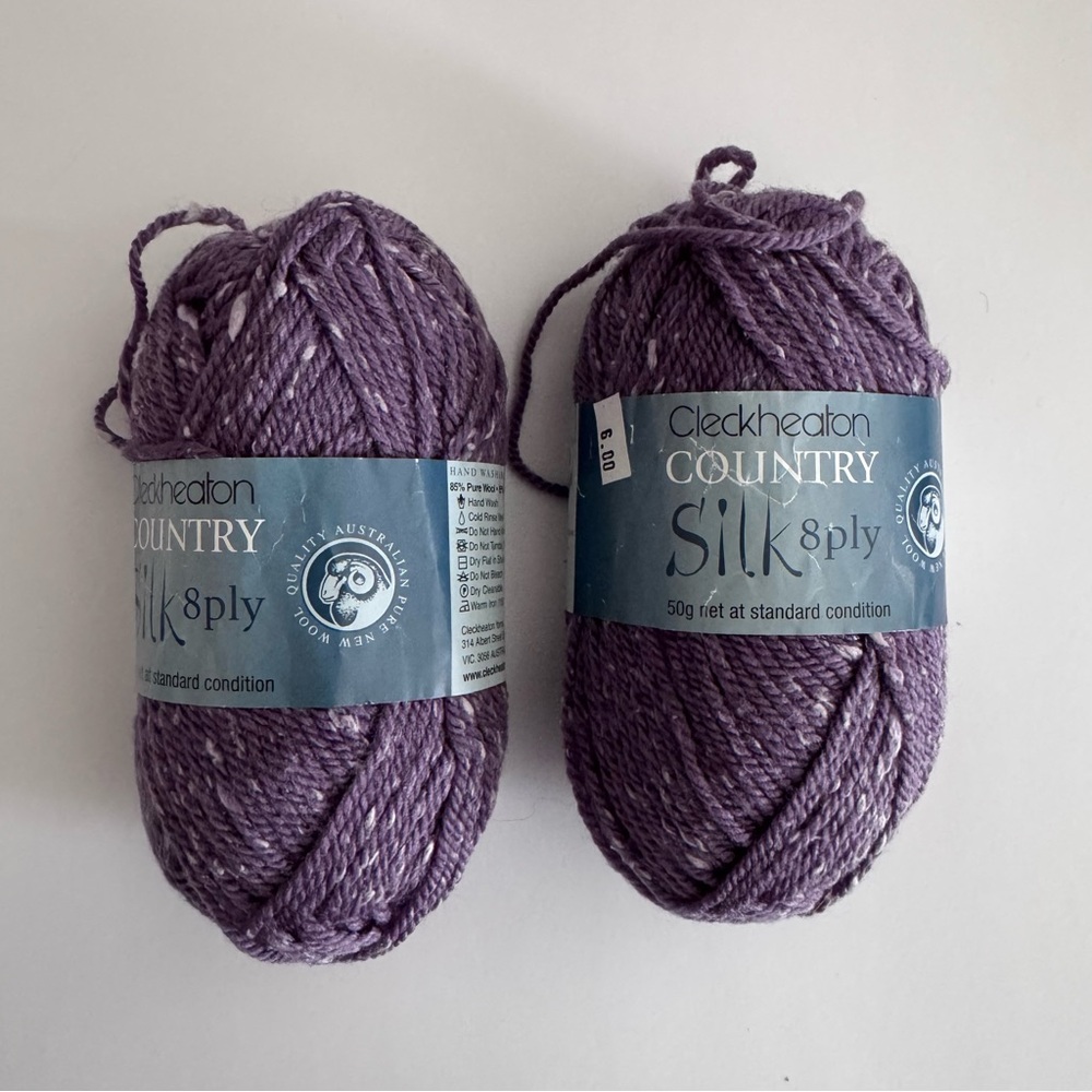 Yarn: Cleckheaton Country Silk 8ply Yarn in Purple Heather two skeins